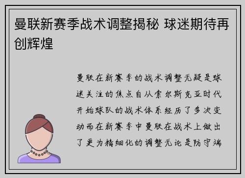 曼联新赛季战术调整揭秘 球迷期待再创辉煌